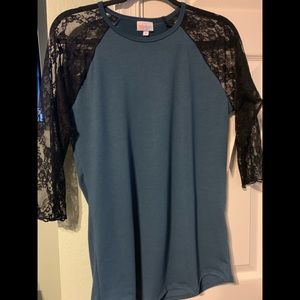 Lularoe NWT Navy blue body black LACE Sleeve Randy